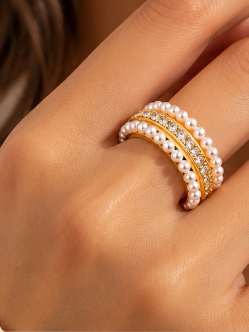 18K Gold Pearl & Crystal Pavé Ring Band Engagement Luxury Statement Bohemian
